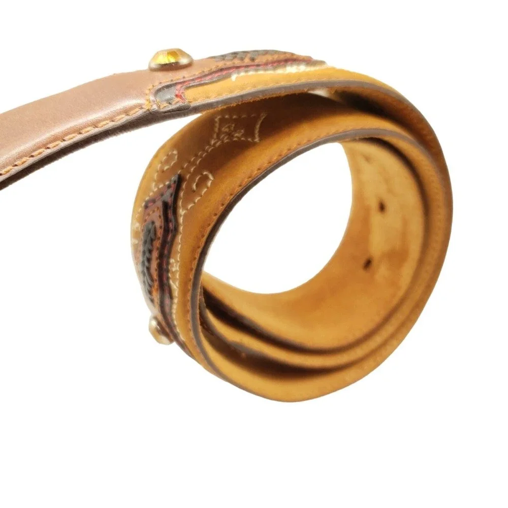 Tony Lama Brown Leather Belt 36 Topaz Crystal Stud Western Overlay Stitched Boho